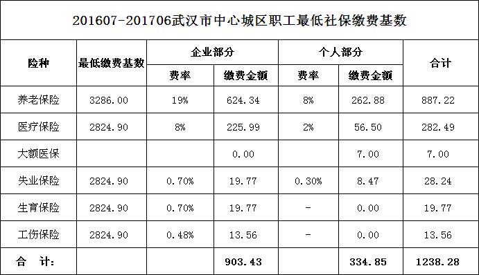武汉中心城区职工最低社保缴纳标准表