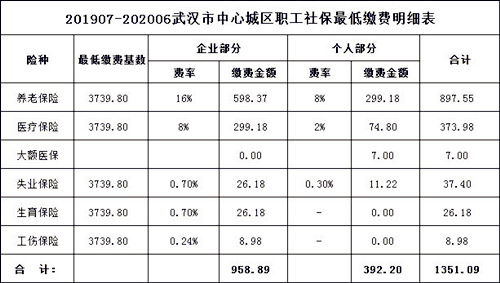 武汉市中心城区2019年度最低社保缴纳明细表