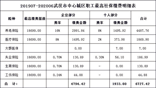武汉市中心城区2019年度最高社保缴纳明细表